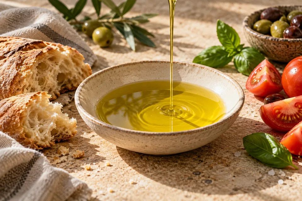 Scena illustrativa: olio extravergine, pane e pomodori sulla tavola