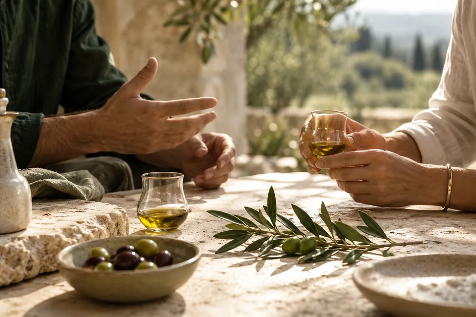 Scena illustrativa: mani intorno a una tavola per un assaggio di olio