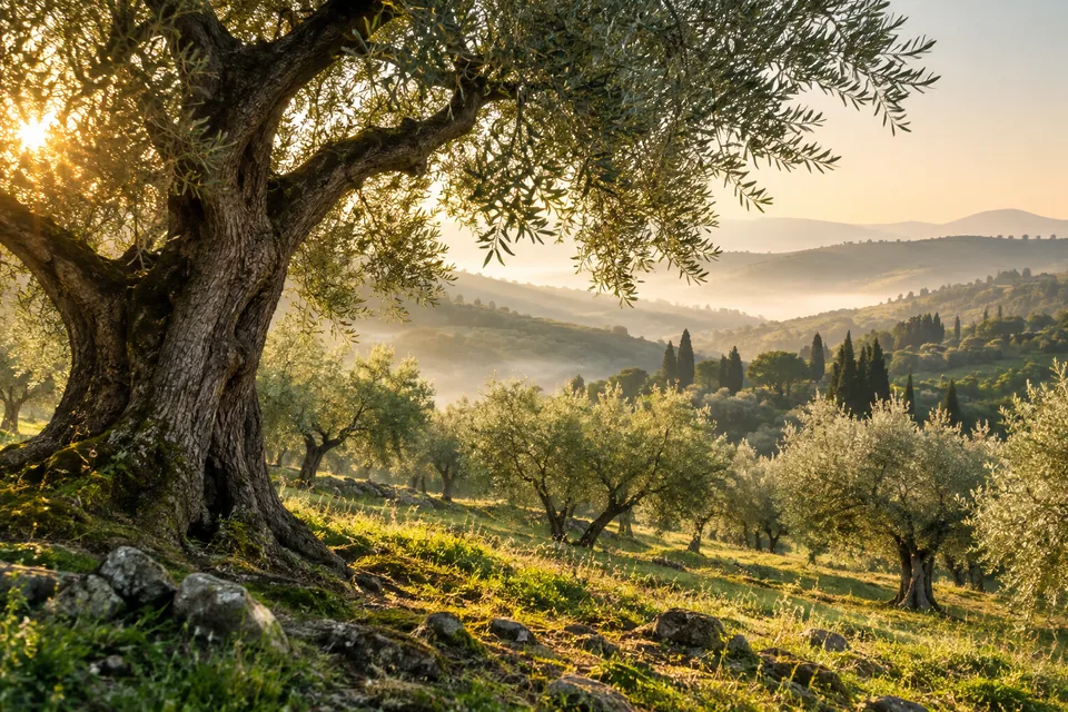 Paesaggio illustrativo di olivi e colline toscane