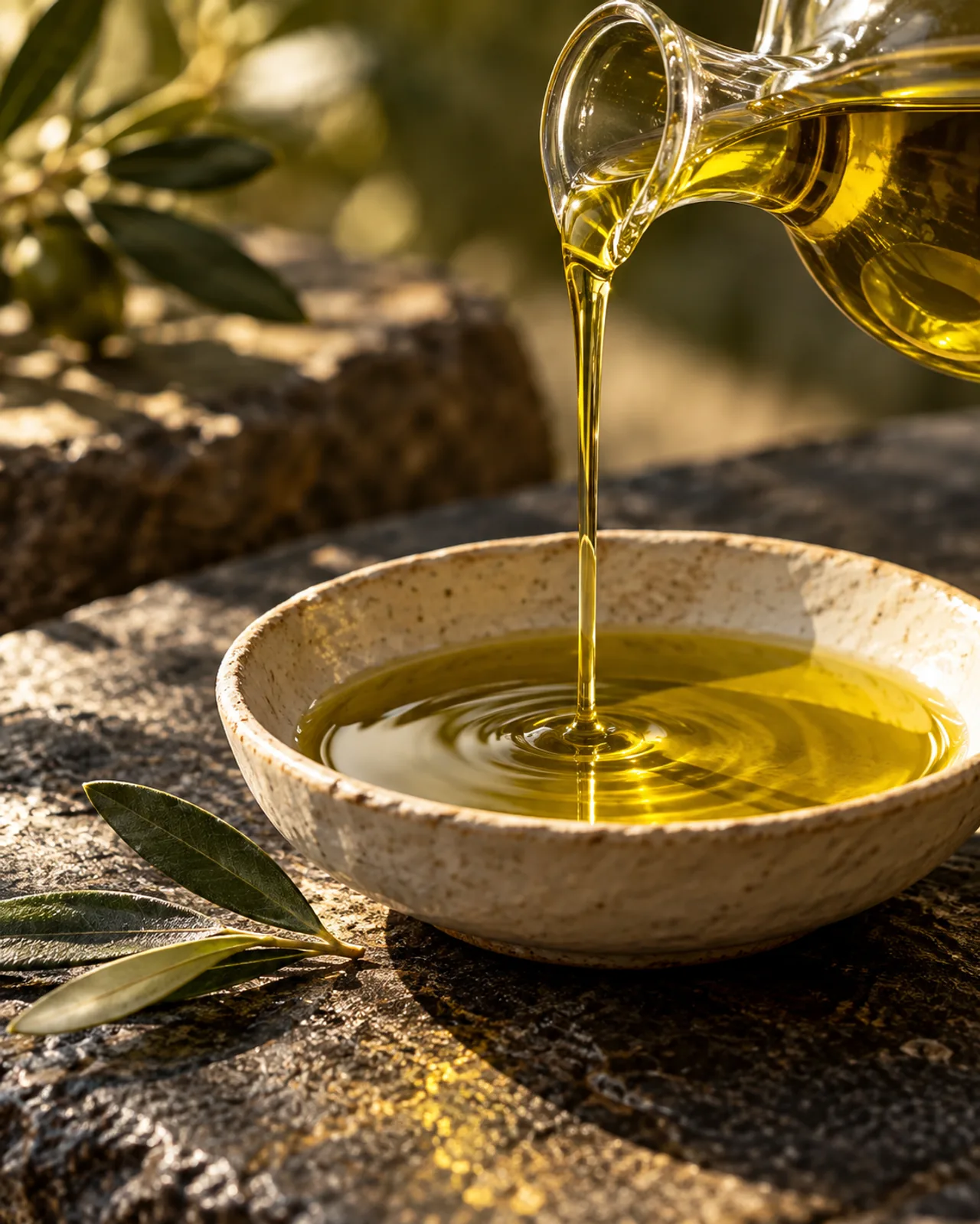 Olio dorato versato in una ciotola di ceramica