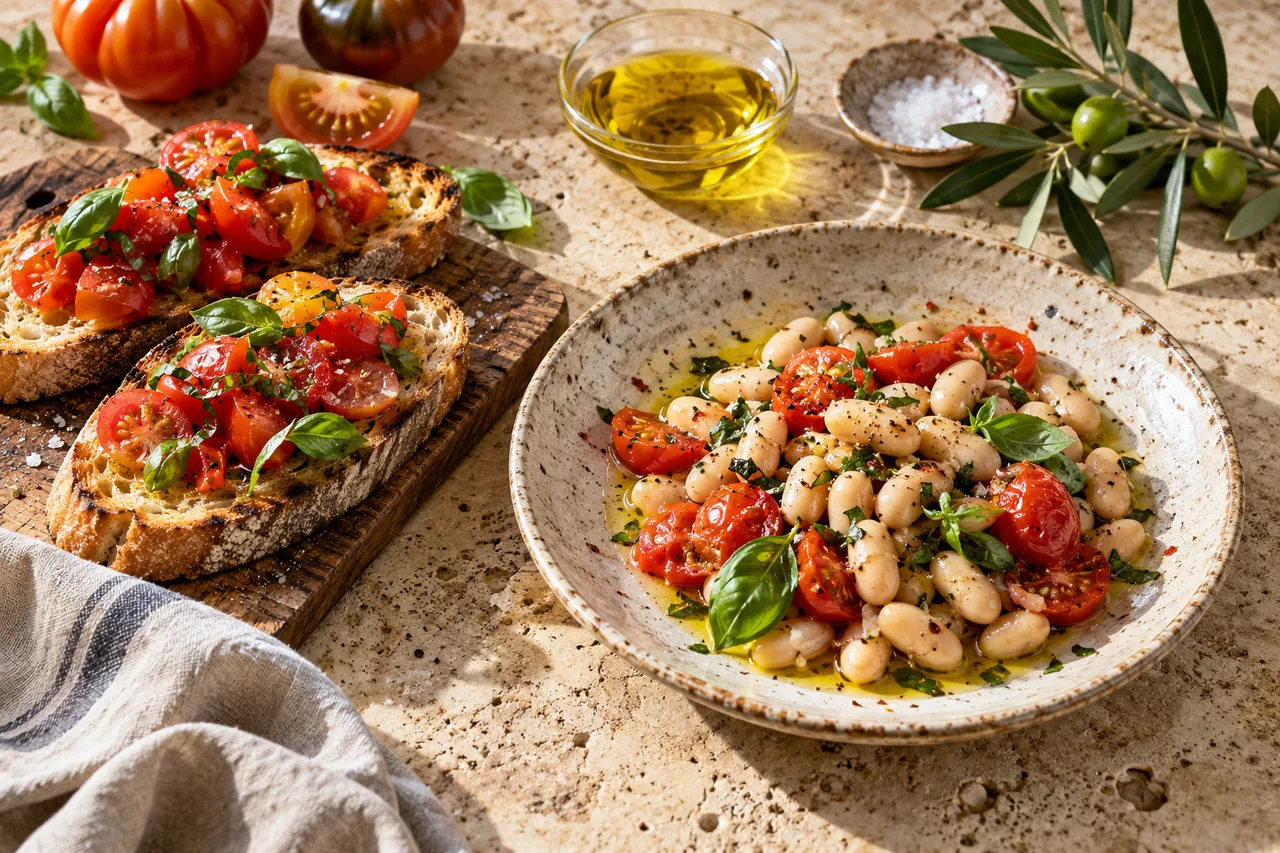 Pane, pomodori e legumi con olio